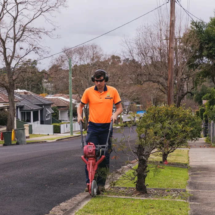 Mechanical blade edger cutting a crisp lawn edge along a footpath in Camden NSW