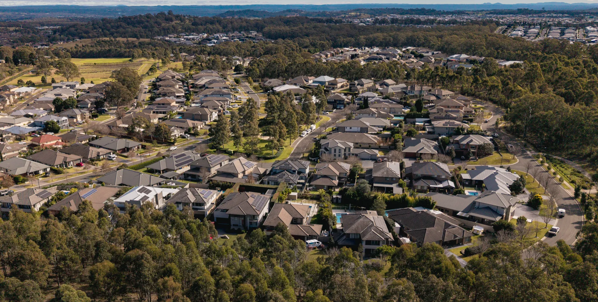 Aerial view of Harrington Park showing large homes on landscaped blocks bordered by bushland reserve